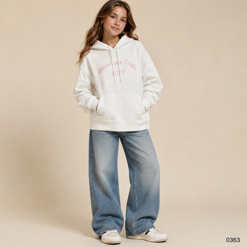 American Eagle White Pink Embroidered 1977 Hoodie Sweatshirt Kids M 0363